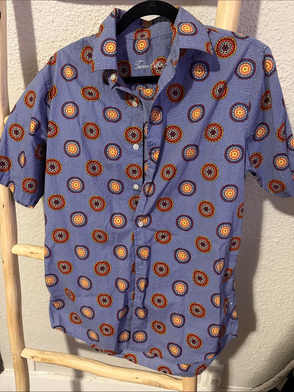 Tasso Elba Blue Short-Sleeve Medallion Print Button-Down Shirt